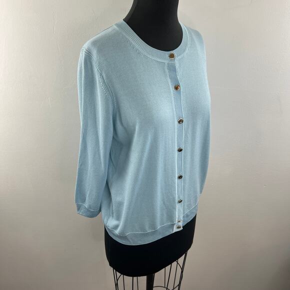 ST. JOHN Blue Cardigan Sweater Wool Button Front Ribbed Crew Neck Knit Sz Medium - Picture 5 of 9
